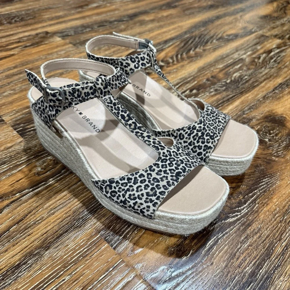 Lucky Brand Valki Leopard Print Espadrille Wedge Sandals Tan Black 8.5M LK-VALKI